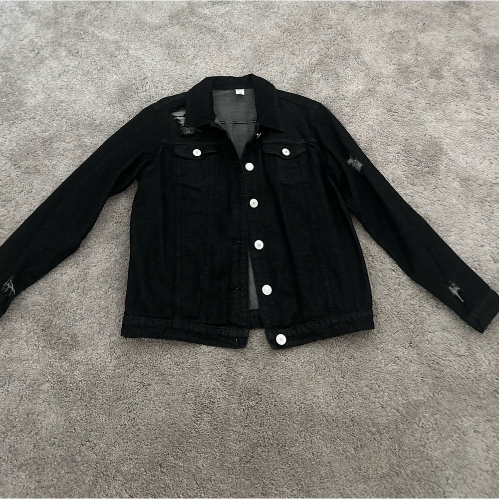 Black Denim Jacket with Distressed Details